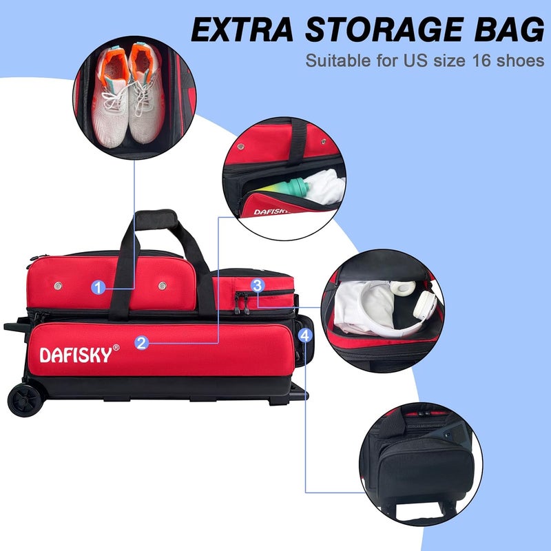 DAFISKY 3 ball bowling bags with wheels, bowling ball bag 3 ball roller with Multiple Pockets Retractable Handle - Image 5